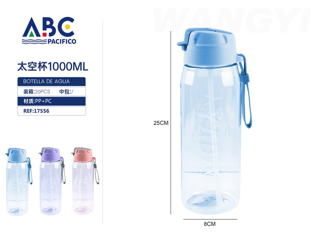 Botella deportiva de plástico transparente, con popote y tapa de seguridad