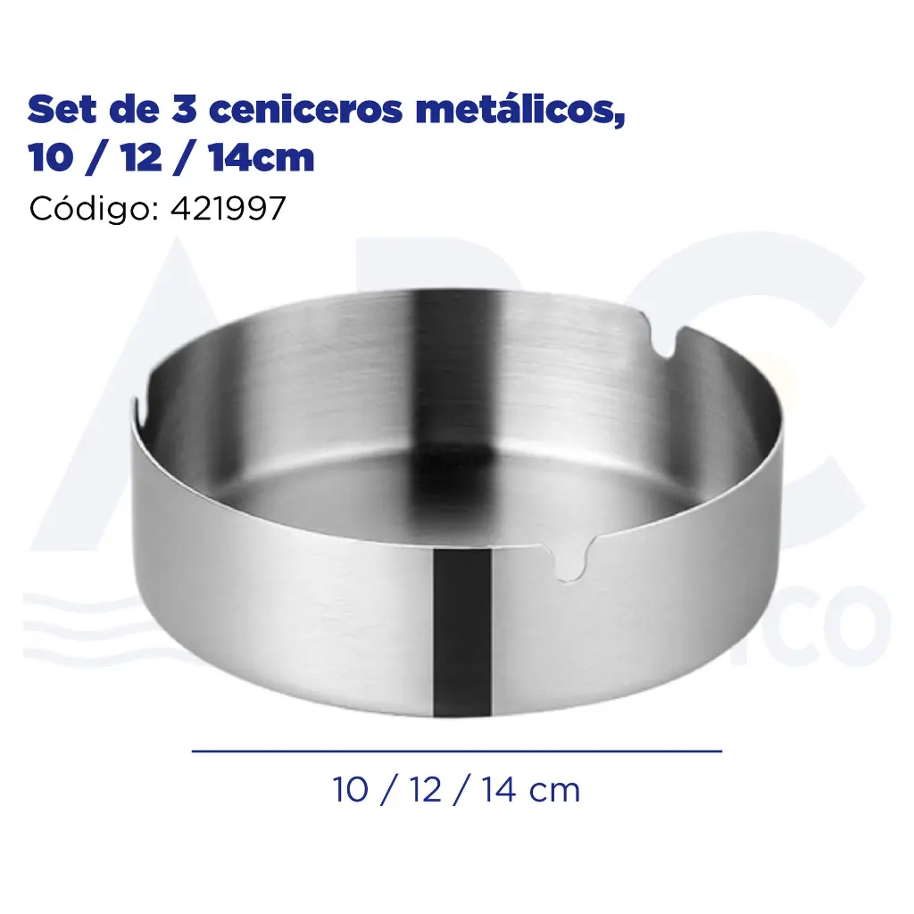 Set de 3 ceniceros metálicos, 10 / 12 / 14cm