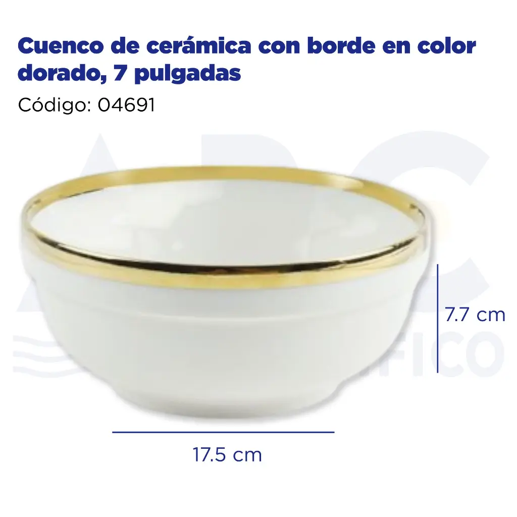 Cuenco de cerámica con borde en color dorado, 7 pulgadas
