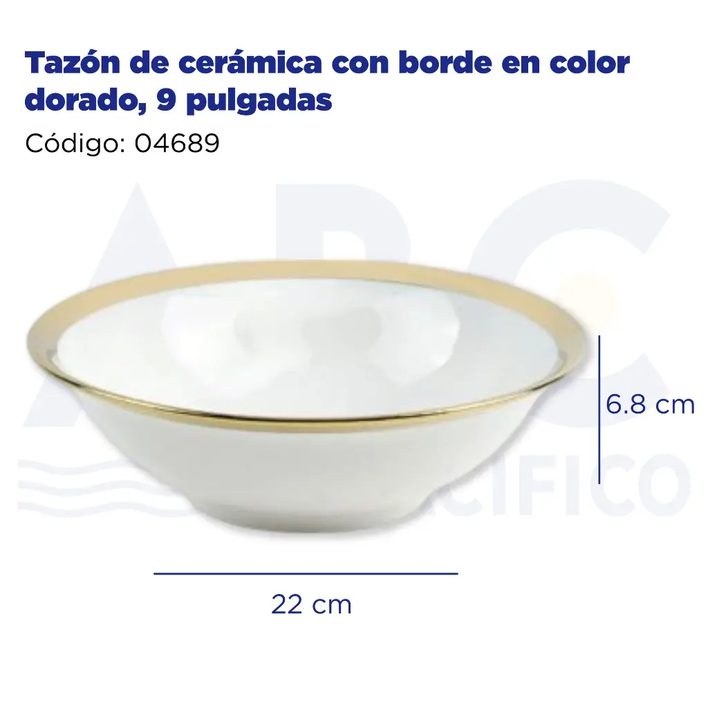 Tazón de cerámica con borde en color dorado, 9 pulgadas