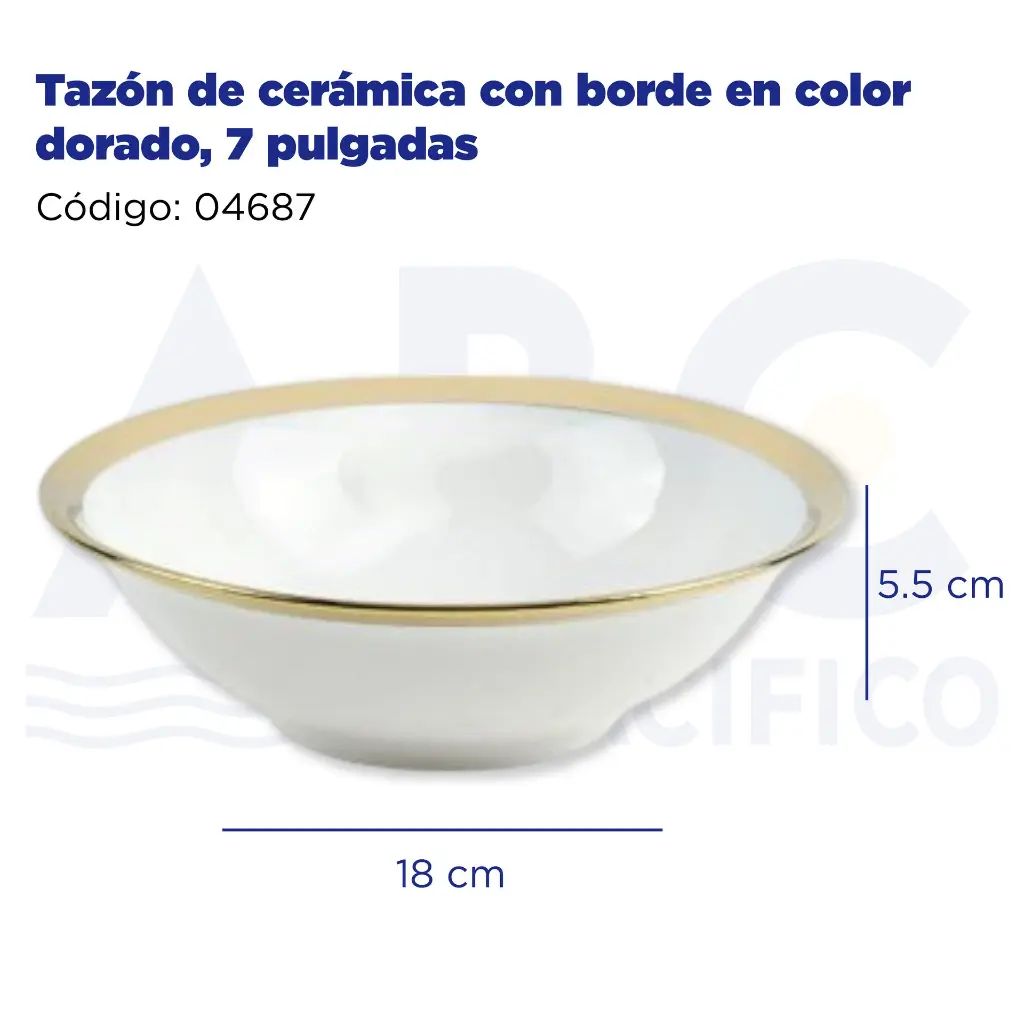Tazón de cerámica con borde en color dorado, 7 pulgadas