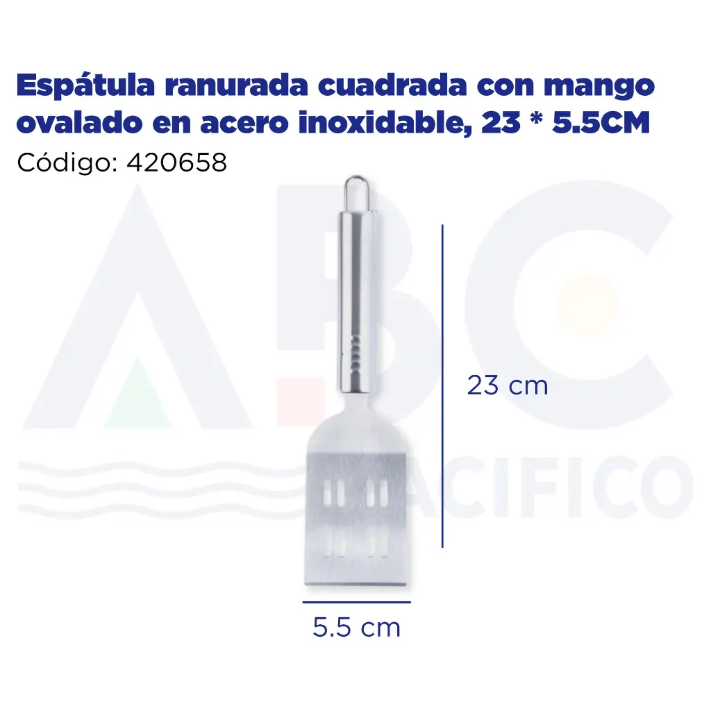 Espátula ranurada cuadrada con mango ovalado en acero inoxidable, 23 * 5.5CM