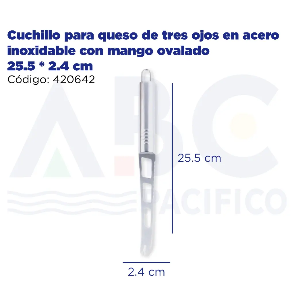 Cuchillo para queso de tres ojos en acero inoxidable con mango ovalado 25.5 * 2.4 cm