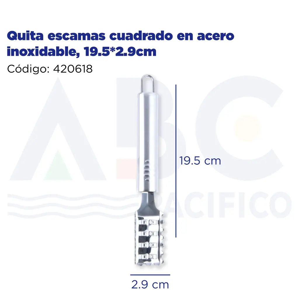 Quita escamas cuadrado en acero inoxidable, 19.5*2.9cm