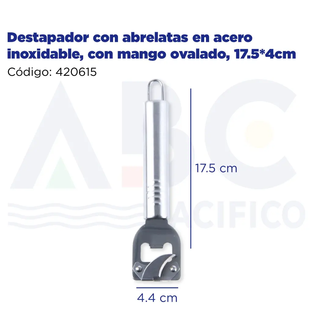 Destapador con abrelatas en acero inoxidable, con mango ovalado, 17.5*4cm