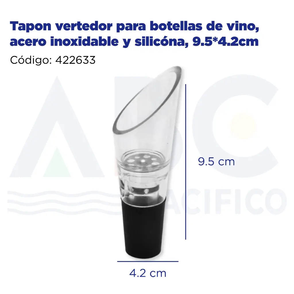 Tapon vertedor para botellas de vino, acero inoxidable y silicóna, 9.5*4.2cm