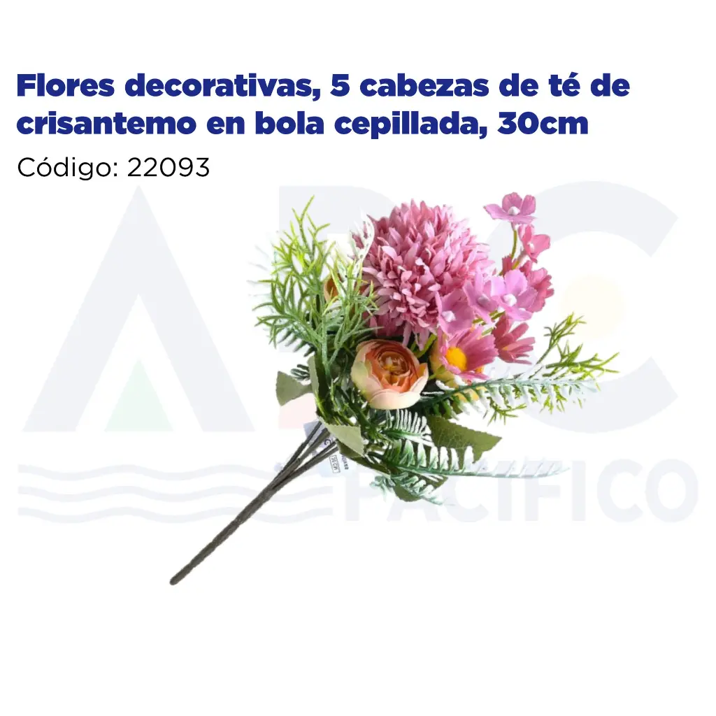 Flores decorativas, 5 cabezas de té de crisantemo en bola cepillada, 30cm