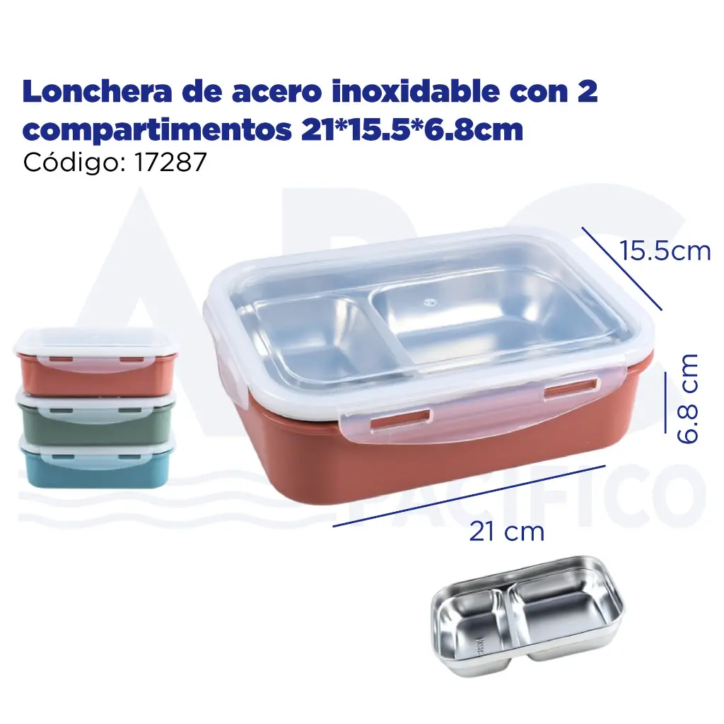 Lonchera de acero inoxidable con 2 compartimentos 21*15.5*6.8cm