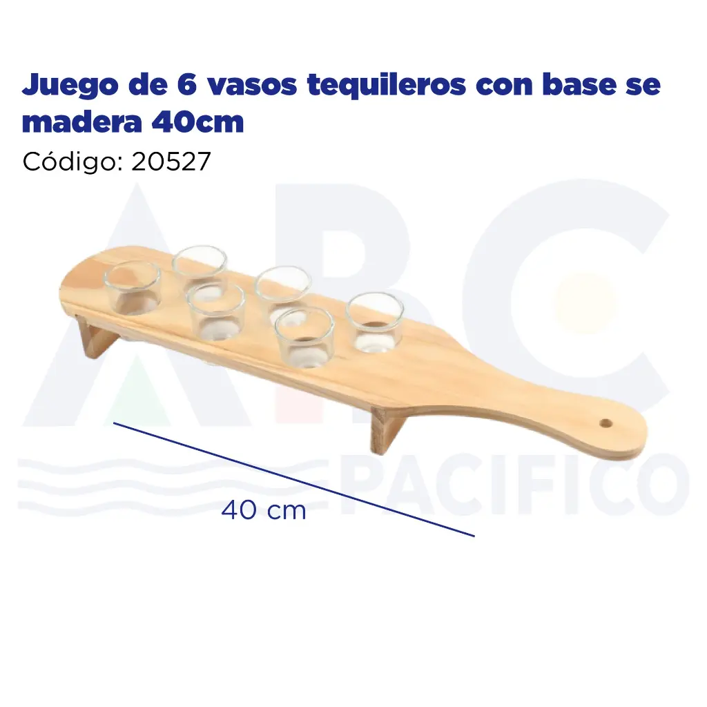 Juego de 6 vasos tequileros con base se madera 40cm