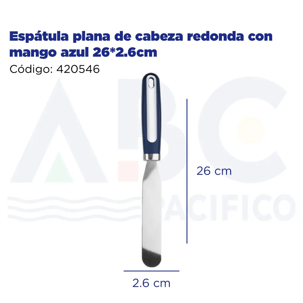 Espátula plana de cabeza redonda con mango azul 26*2.6cm