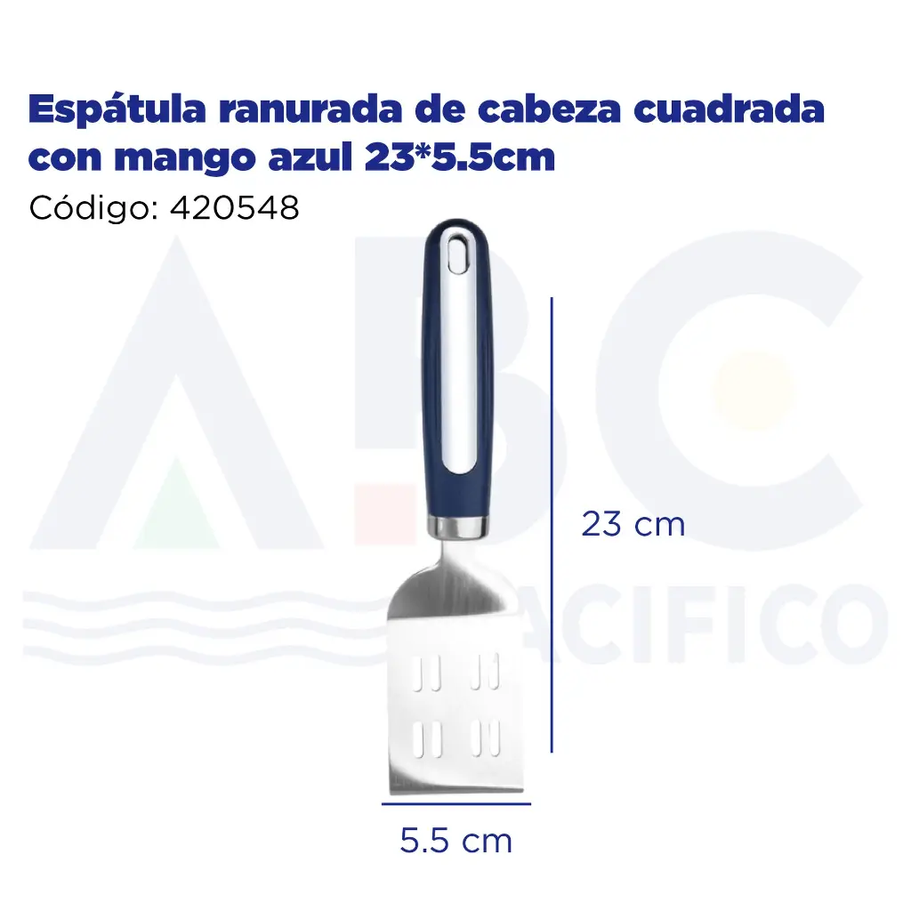 Espátula ranurada de cabeza cuadrada con mango azul 23*5.5cm
