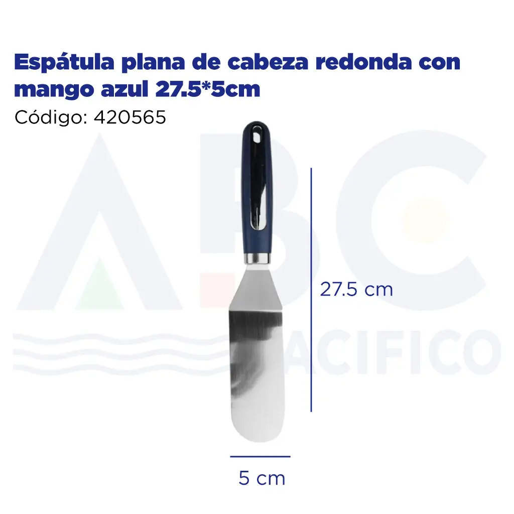 Espátula plana de cabeza redonda con mango azul 27.5*5cm