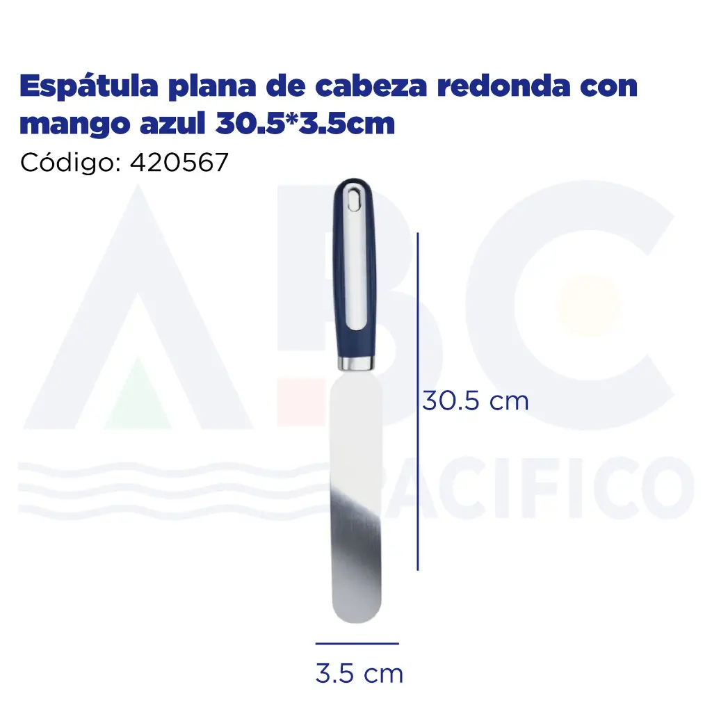 Espátula plana de cabeza redonda con mango azul 30.5*3.5cm