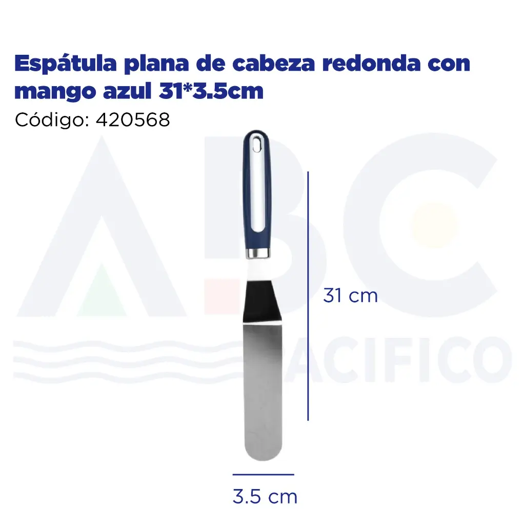 Espátula plana  de cabeza redonda con mango azul 31*3.5cm