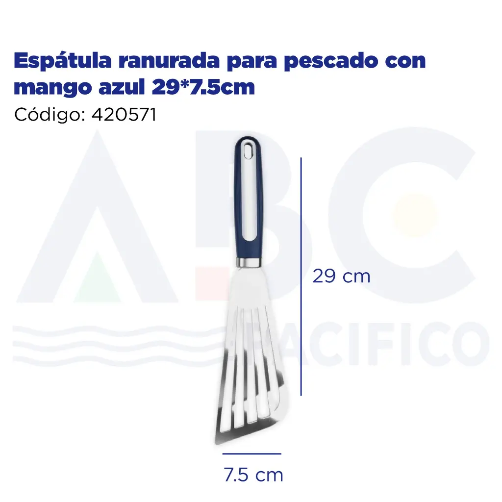 Espátula ranurada para pescado con mango azul 29*7.5cm