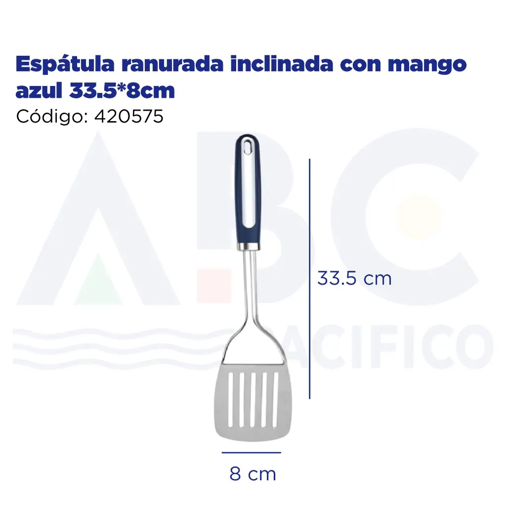 Espátula ranurada inclinada con mango azul 33.5*8cm