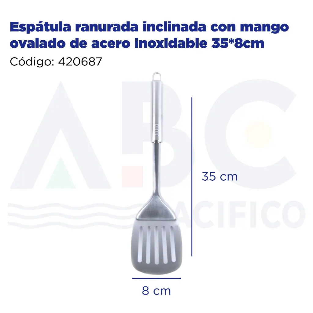 Espátula ranurada inclinada con mango ovalado de acero inoxidable 35*8cm