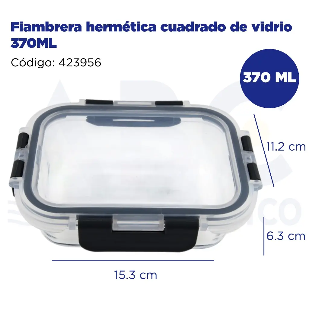 Fiambrera hermética cuadrado de vidrio 370ML
