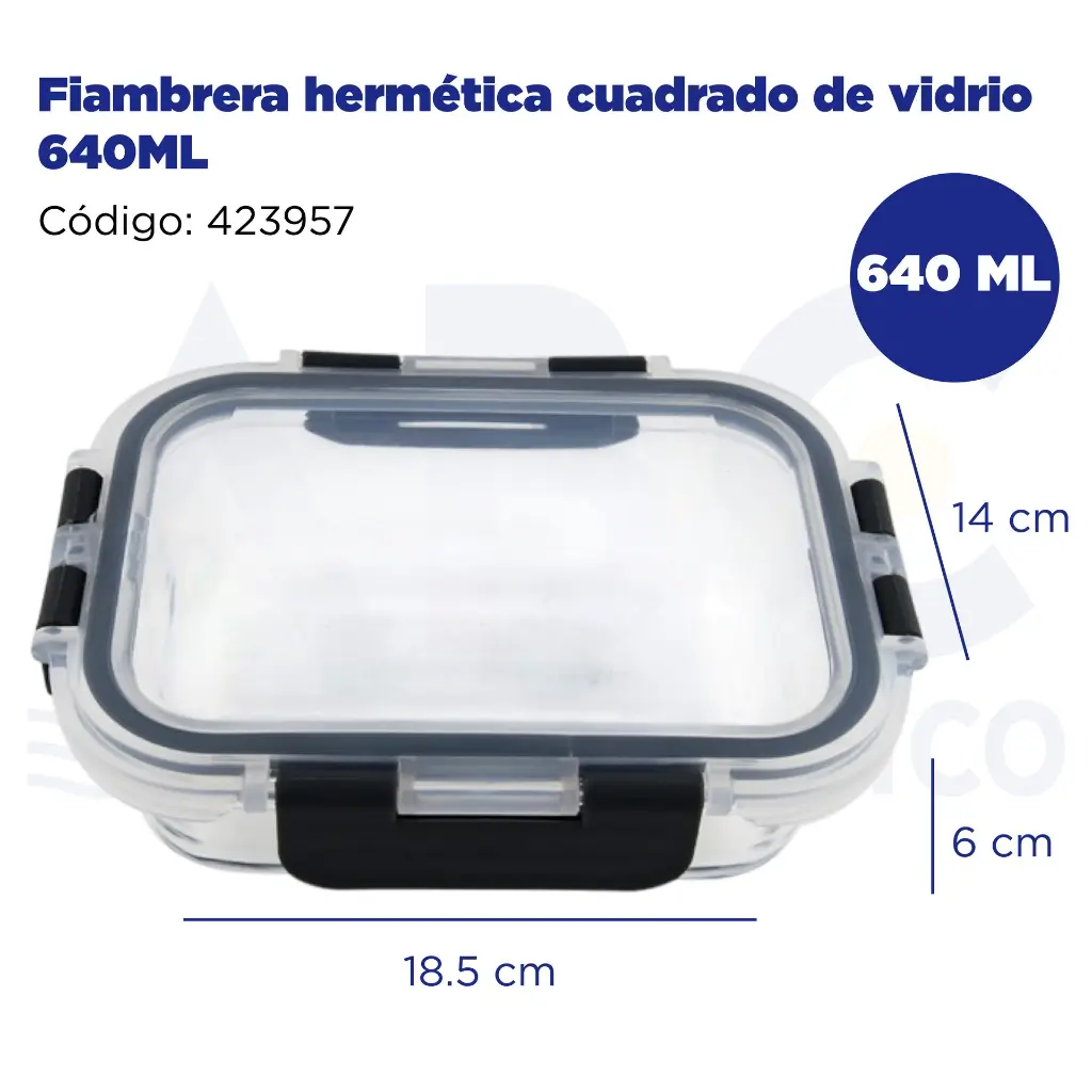 Fiambrera hermética cuadrado de vidrio 640ML