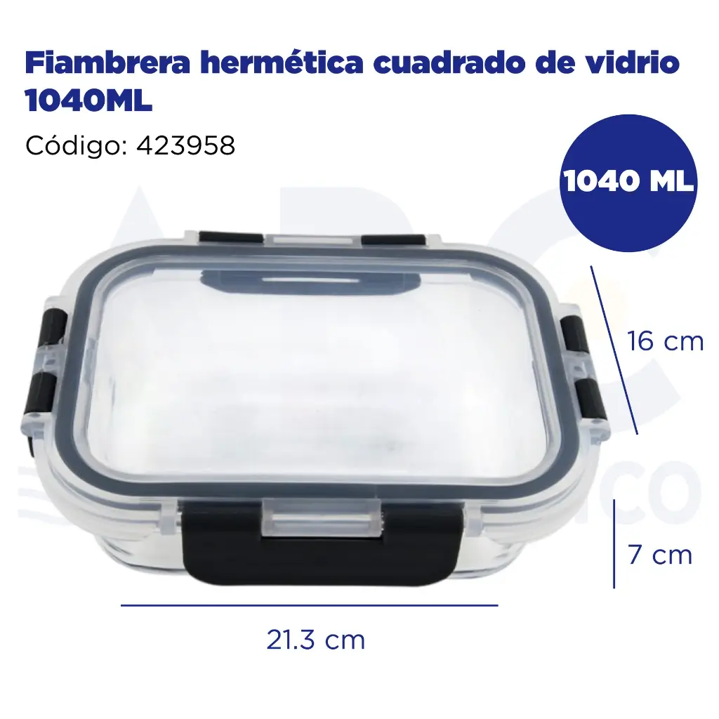 Fiambrera hermética cuadrado de vidrio 1040ML