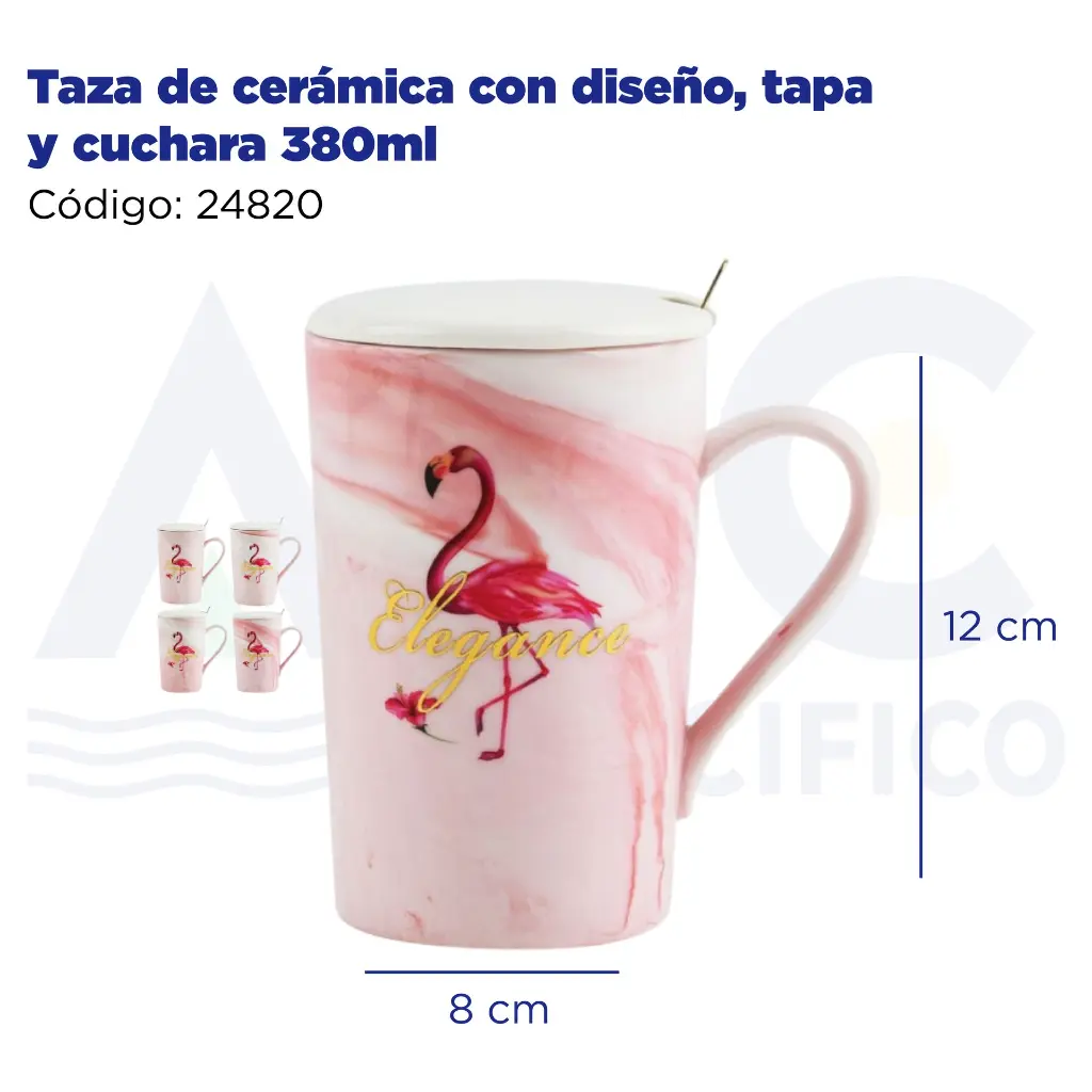 Taza de cerámica con diseño, tapa y cuchara 380ml