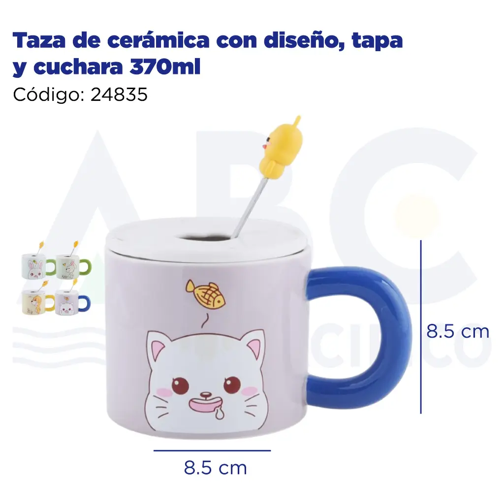 Taza de cerámica con diseño, tapa y cuchara  370ml