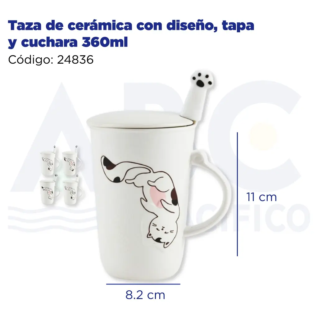 Taza de cerámica con diseño, tapa y cuchara  360ml