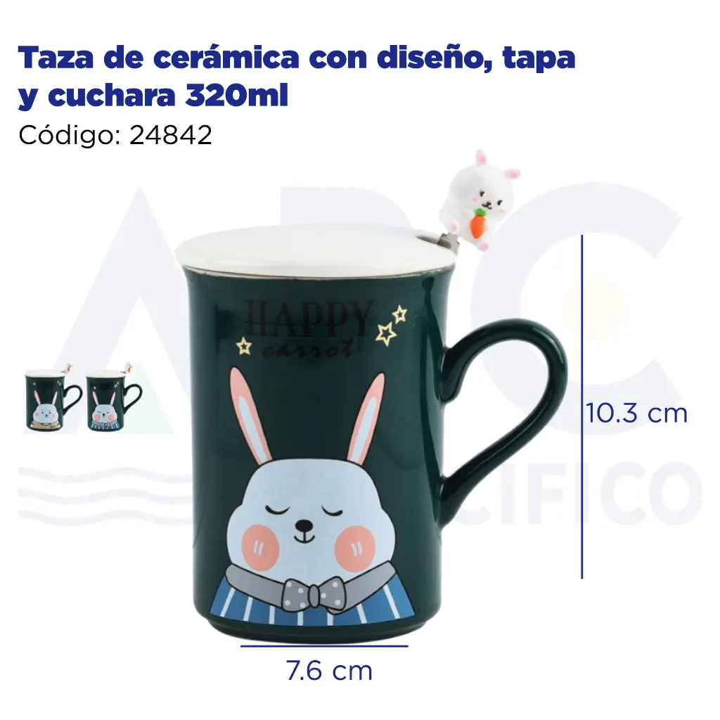 Taza de cerámica con diseño, tapa y cuchara  320ml