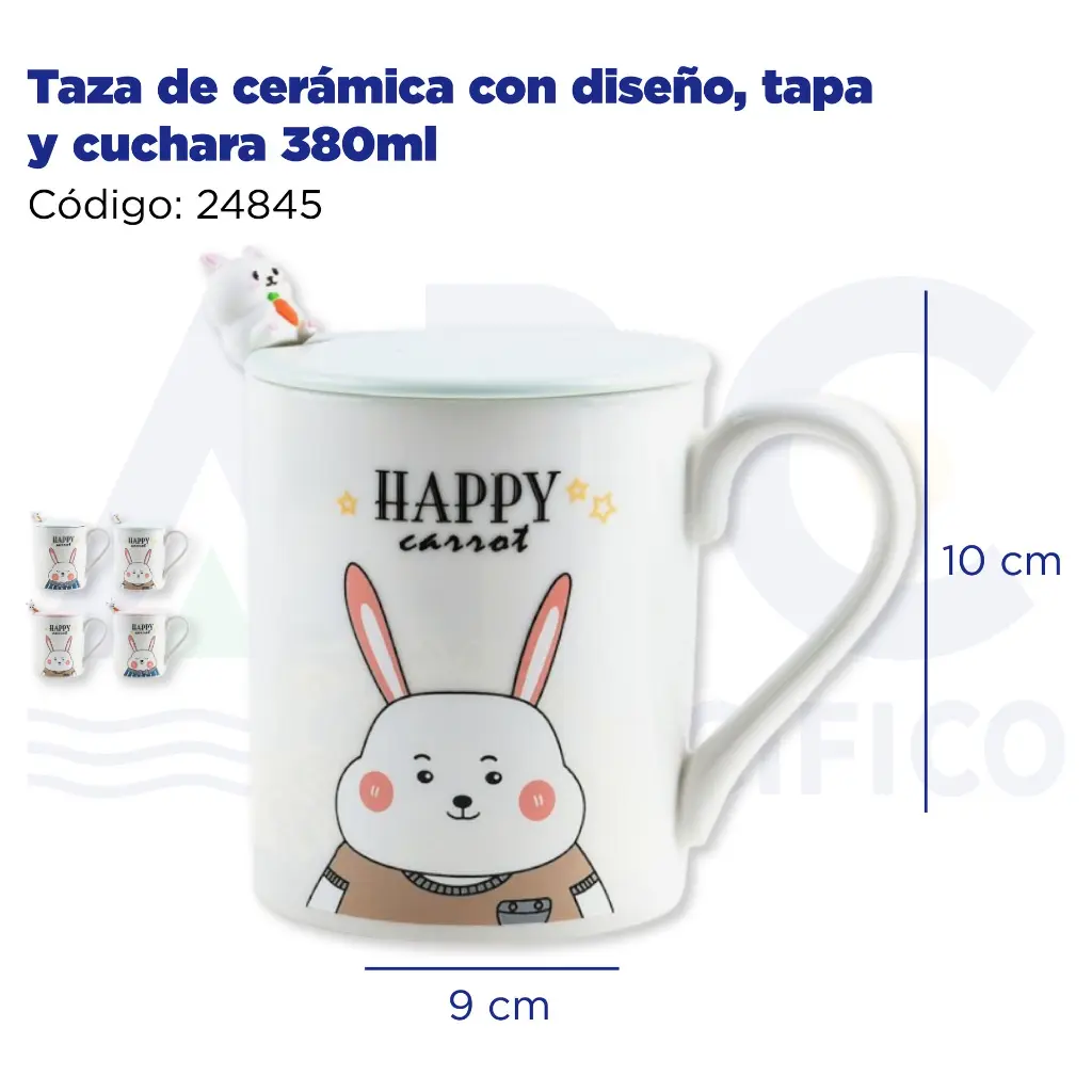 Taza de cerámica con diseño, tapa y cuchara  380ml