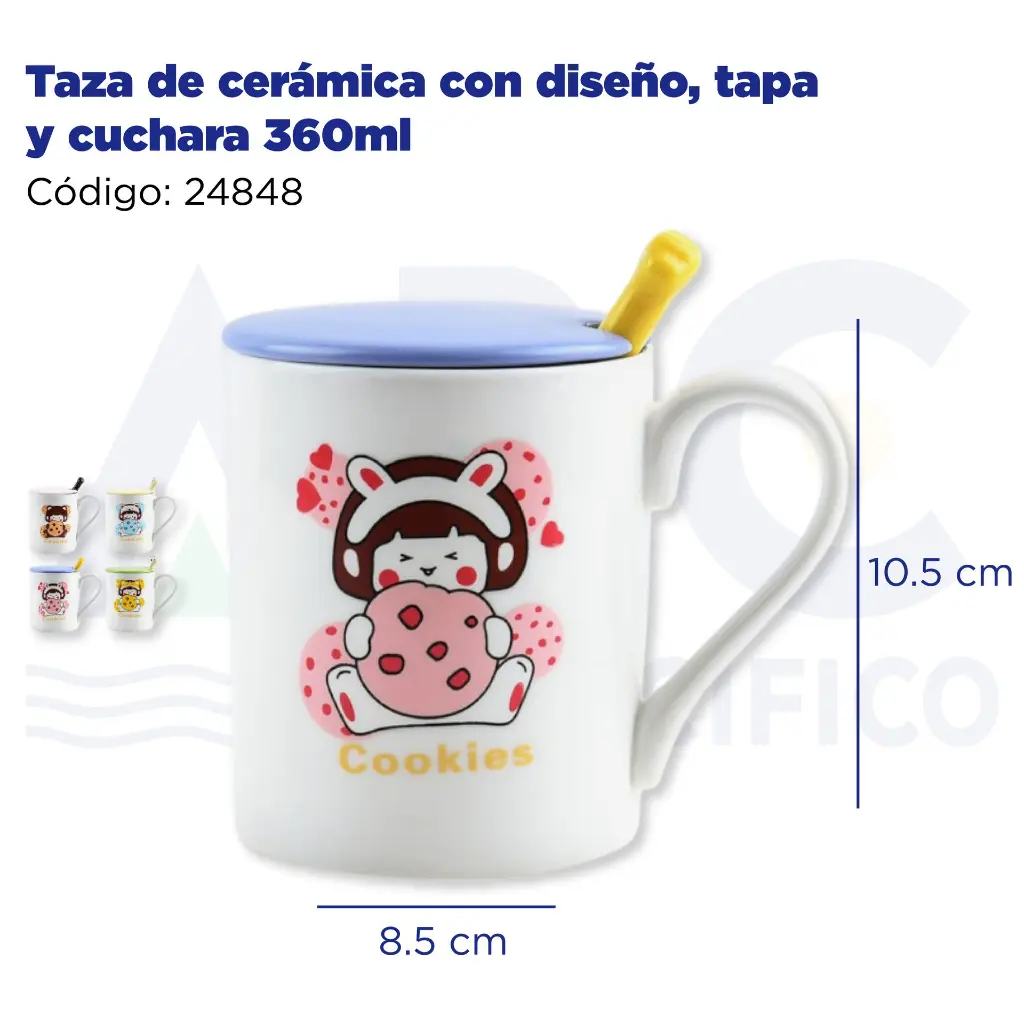 Taza de cerámica con diseño, tapa y cuchara  360ml