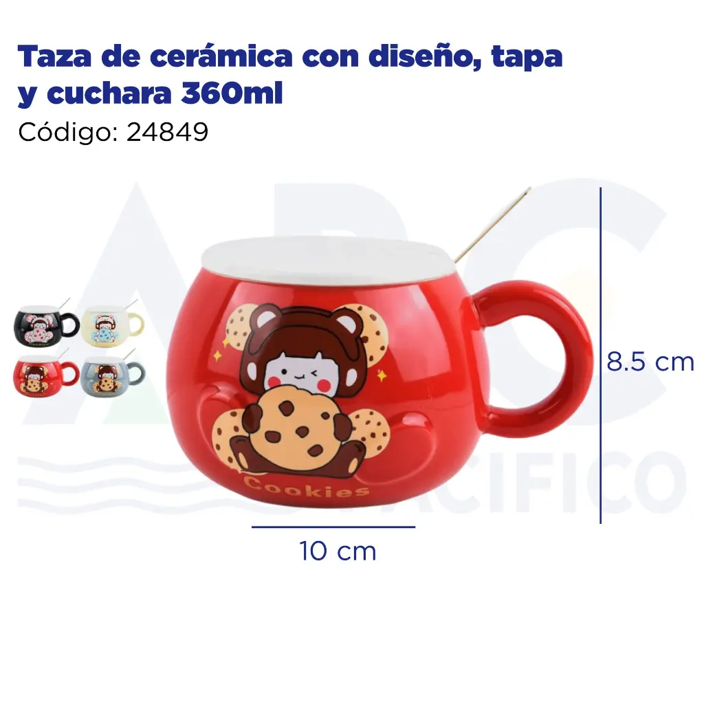 Taza de cerámica con diseño, tapa y cuchara  360ml