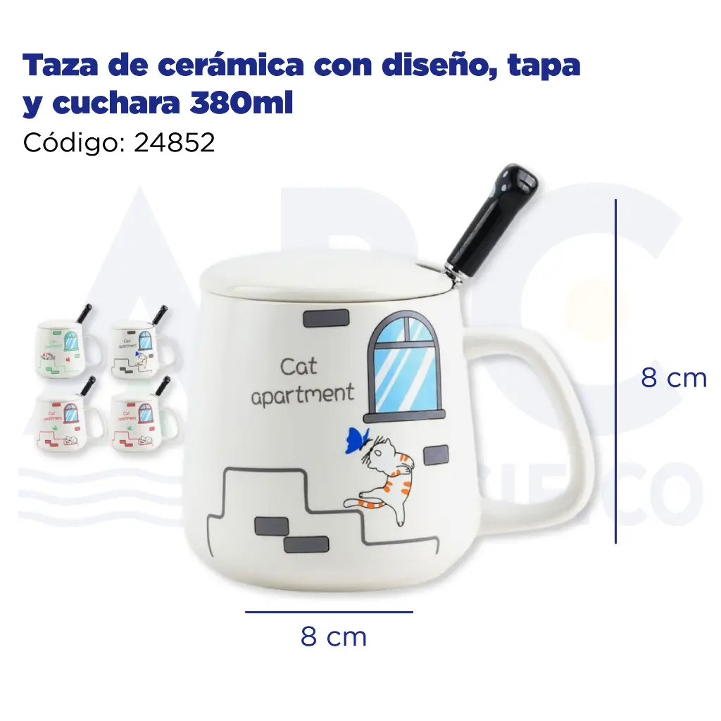 Taza de cerámica con diseño, tapa y cuchara  380ml
