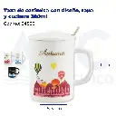 Taza de cerámica con diseño, tapa y cuchara  380ml