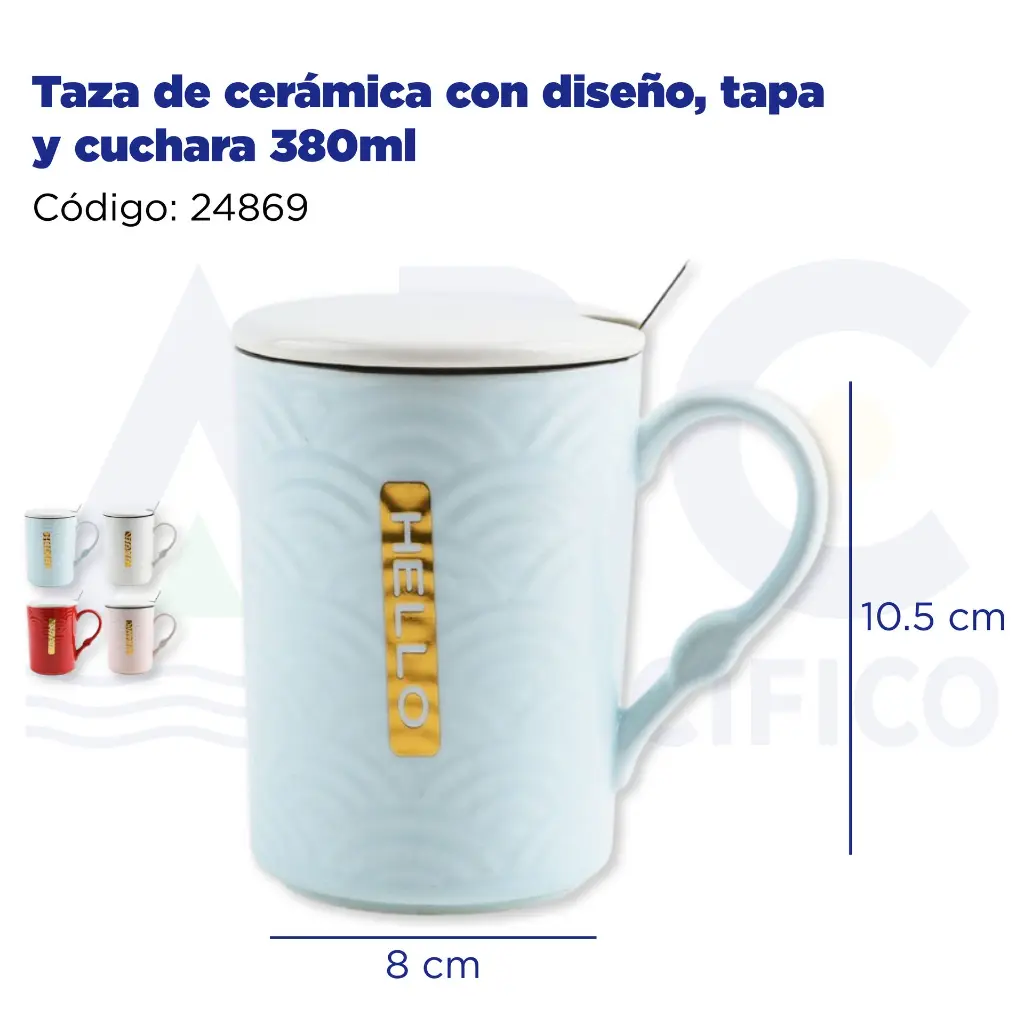 Taza de cerámica con diseño, tapa y cuchara  380ml