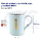 Taza de cerámica con diseño, tapa y cuchara  380ml