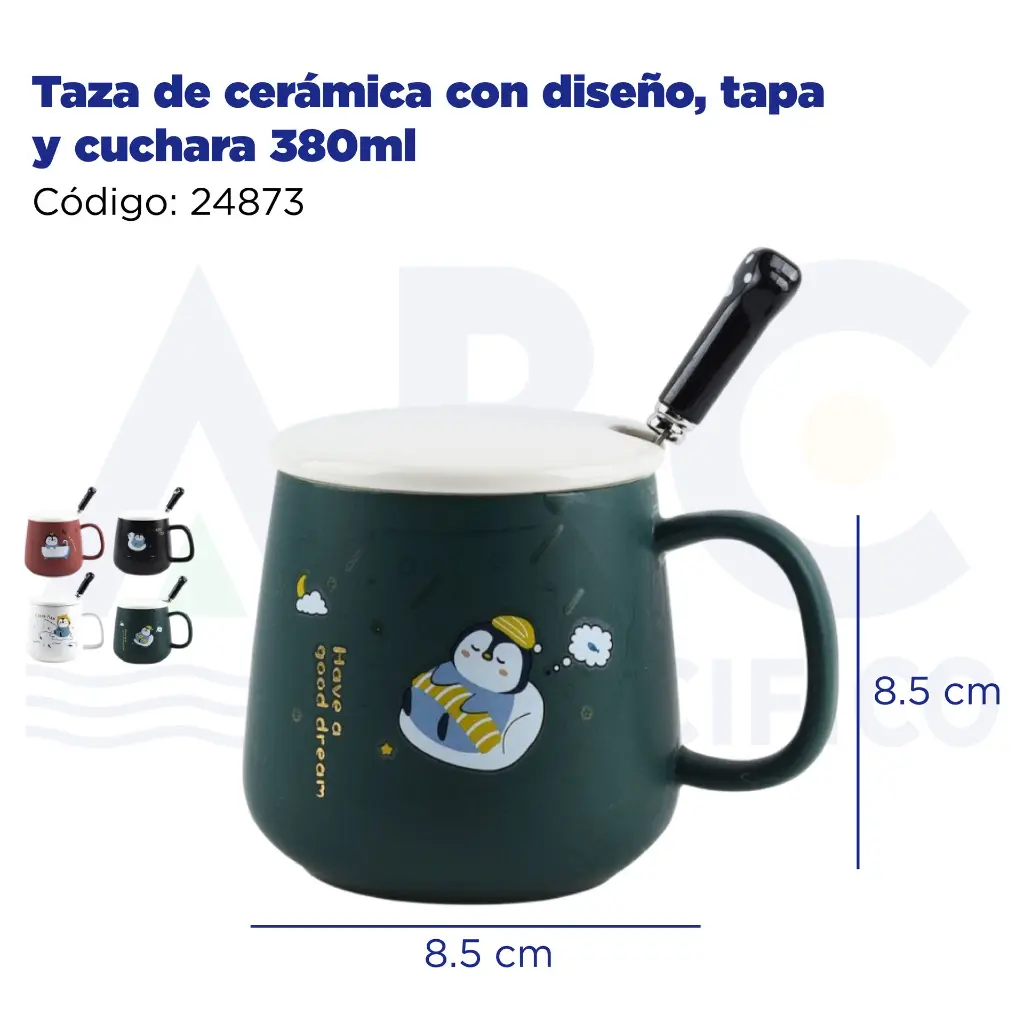 Taza de cerámica con diseño, tapa y cuchara  380ml