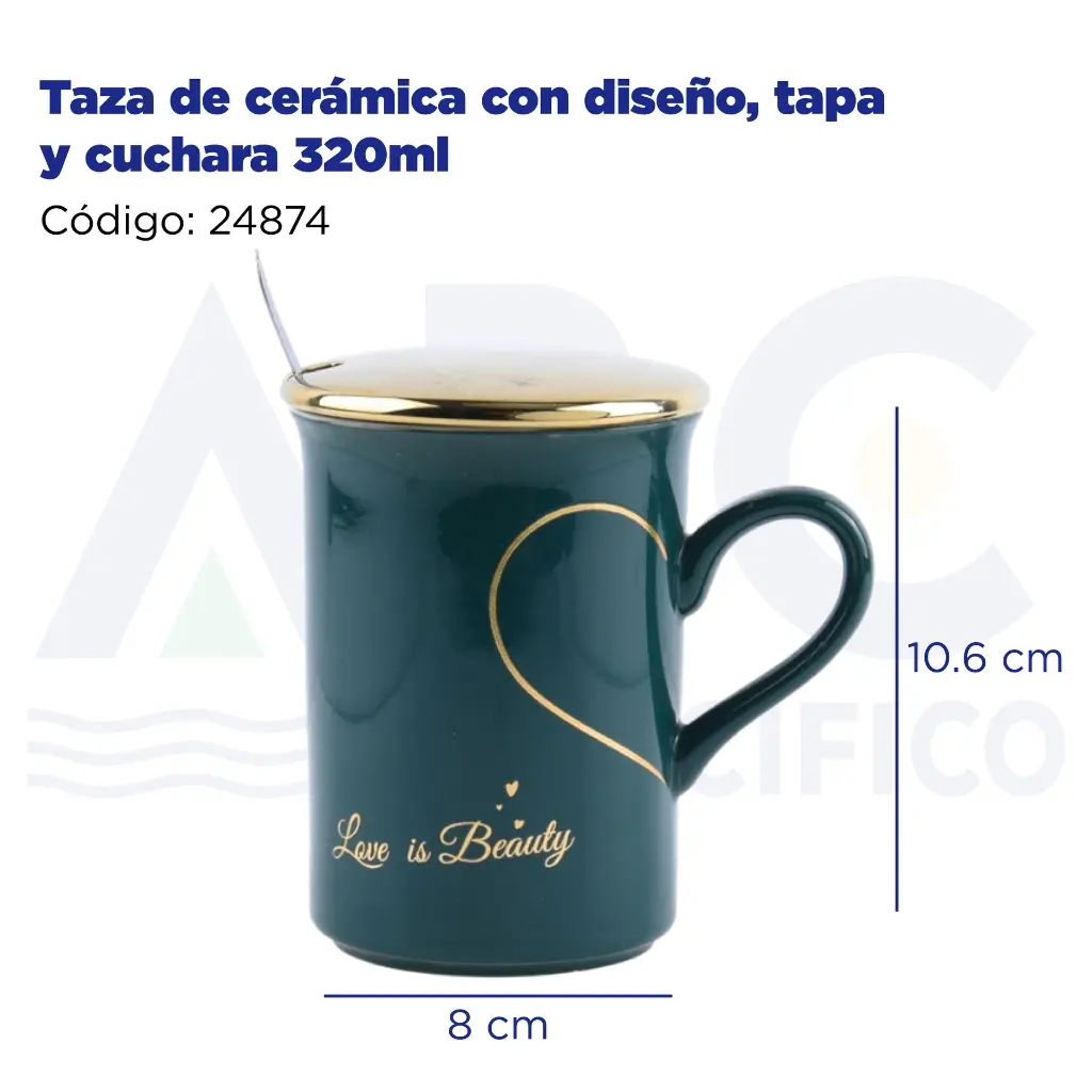 Taza de cerámica con diseño, tapa y cuchara  320ml