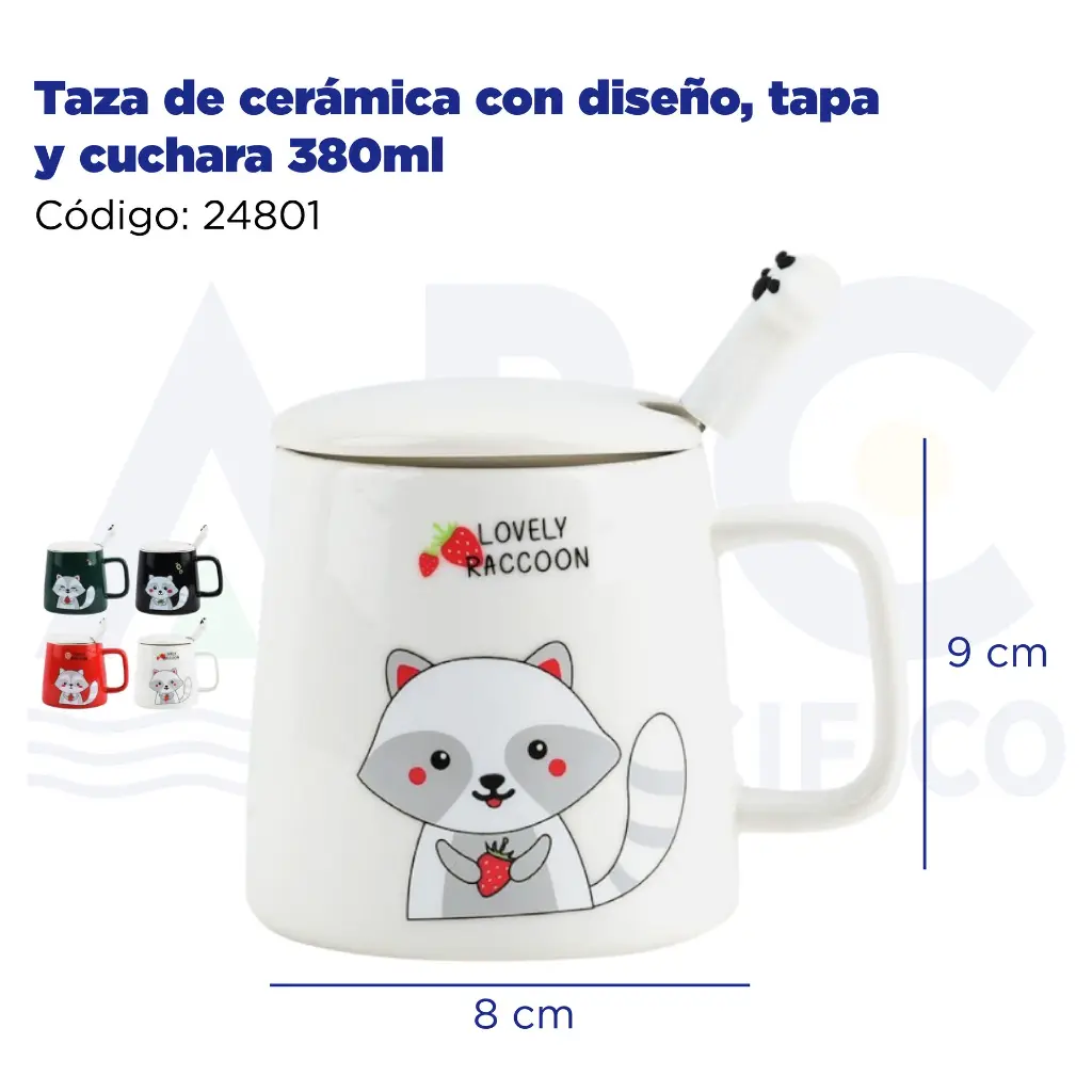 Taza de cerámica con diseño, tapa y cuchara 380ml