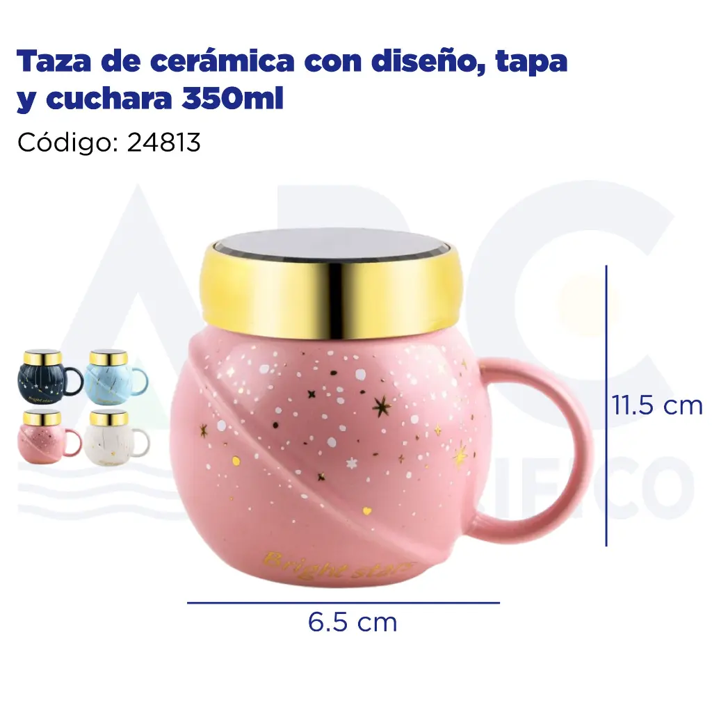 Taza de cerámica con diseño, tapa y cuchara 350ml
