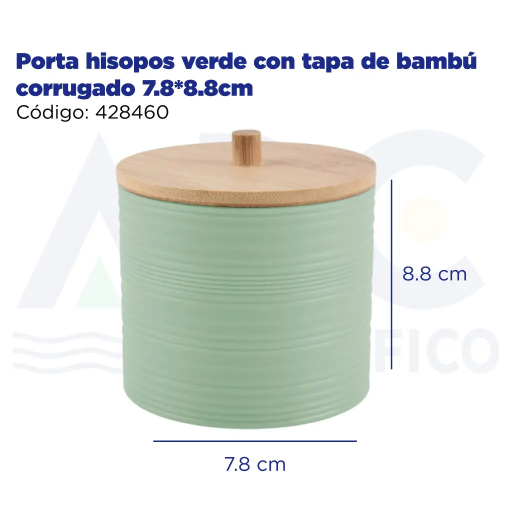 Porta hisopos verde con tapa de bambú corrugado 7.8*8.8cm