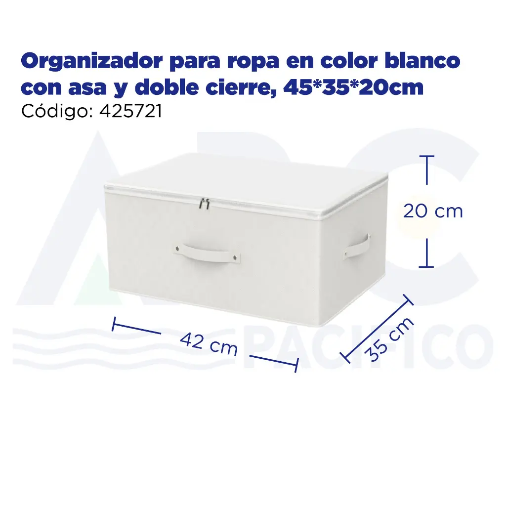 Organizador para ropa en color blanco con asa y doble cierre, 45*35*20cm