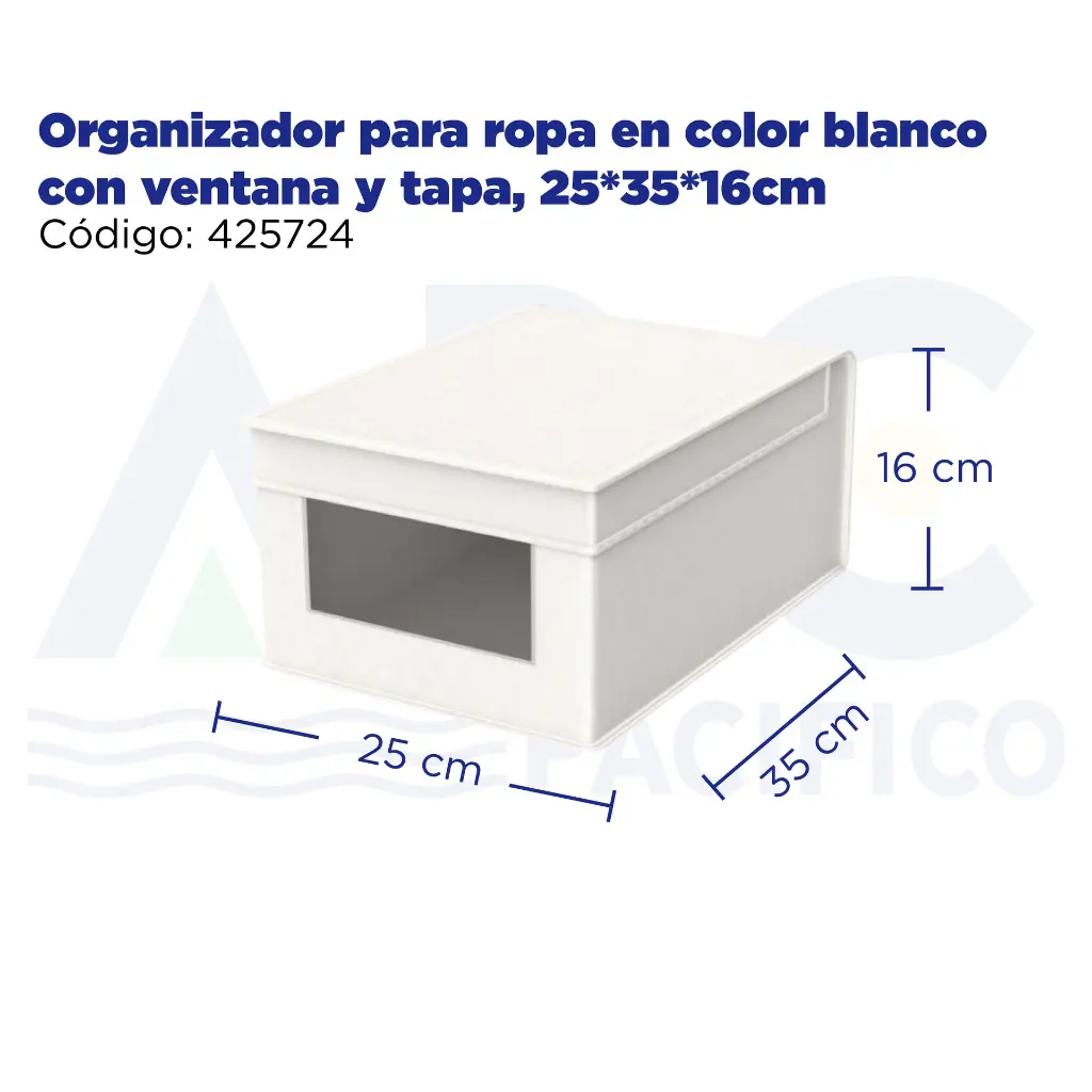 Organizador para ropa en color blanco con ventana y tapa, 25*35*16cm