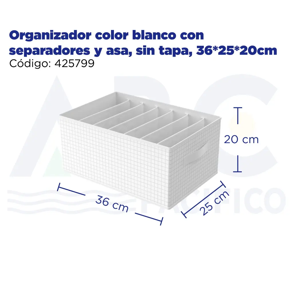 Organizador color blanco con separadores y asa, sin tapa, 36*25*20cm