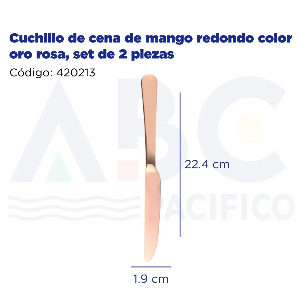Cuchillo de cena de mango redondo color oro rosa, set de 2 piezas