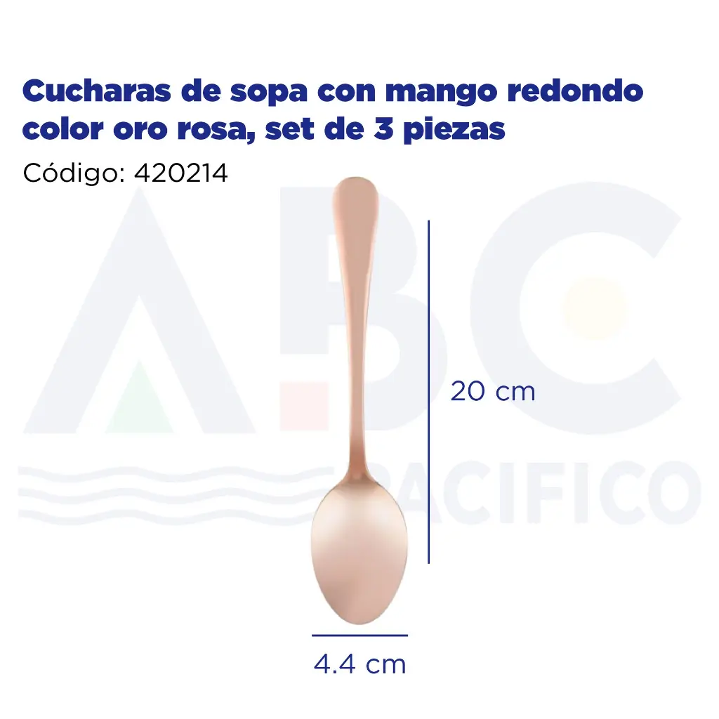 Cucharas de sopa con mango redondo color oro rosa, set de 3 piezas