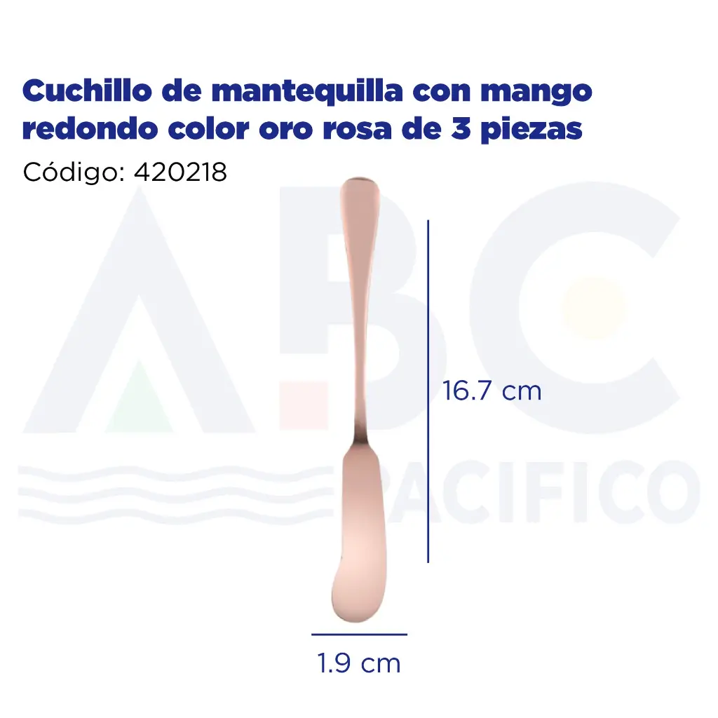 Cuchillo de mantequilla con mango redondo color oro rosa de 3 piezas