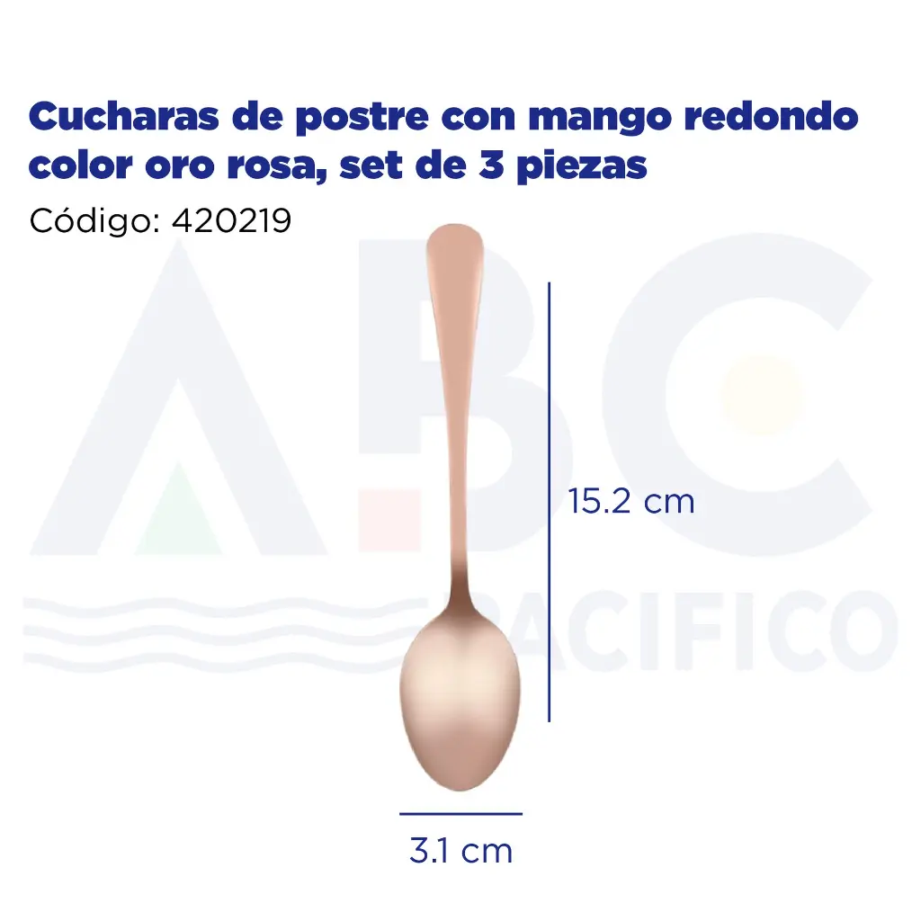 Cucharas de postre con mango redondo color oro rosa, set de 3 piezas