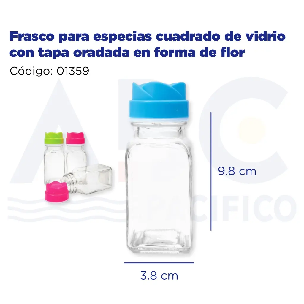 [01359] Frasco para especias cuadrado de vidrio con tapa oradada en forma de flor
