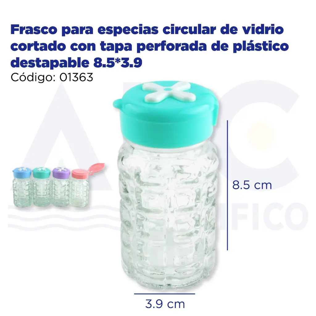 Frasco para especias circular de vidrio cortado con tapa perforada de plástico destapable 8.5*3.9