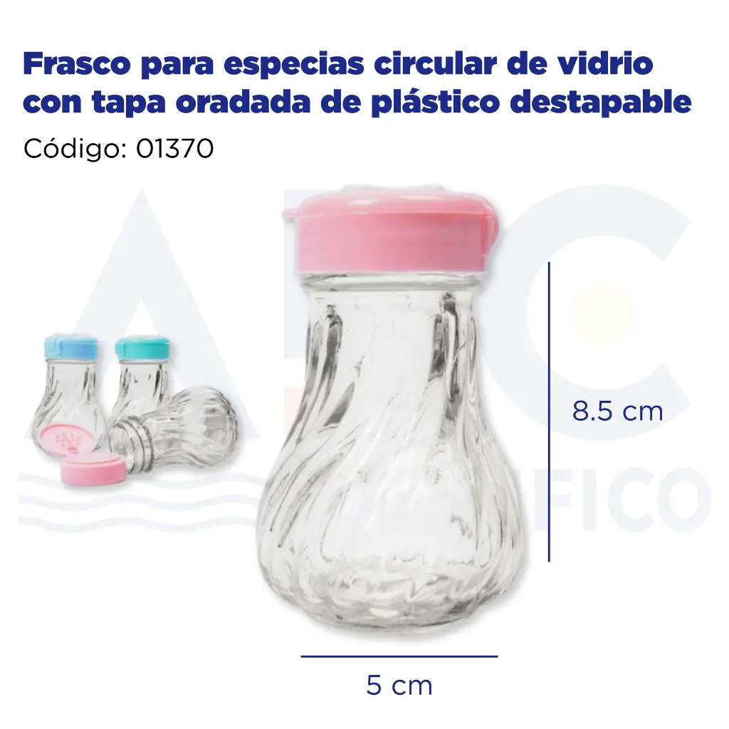 Frasco para especias circular de vidrio con tapa oradada de plástico destapable